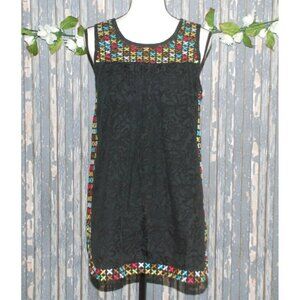 Lugga Black Sleeveless Embroidered Top Size M Colorful X Pattern Cut Out Lace